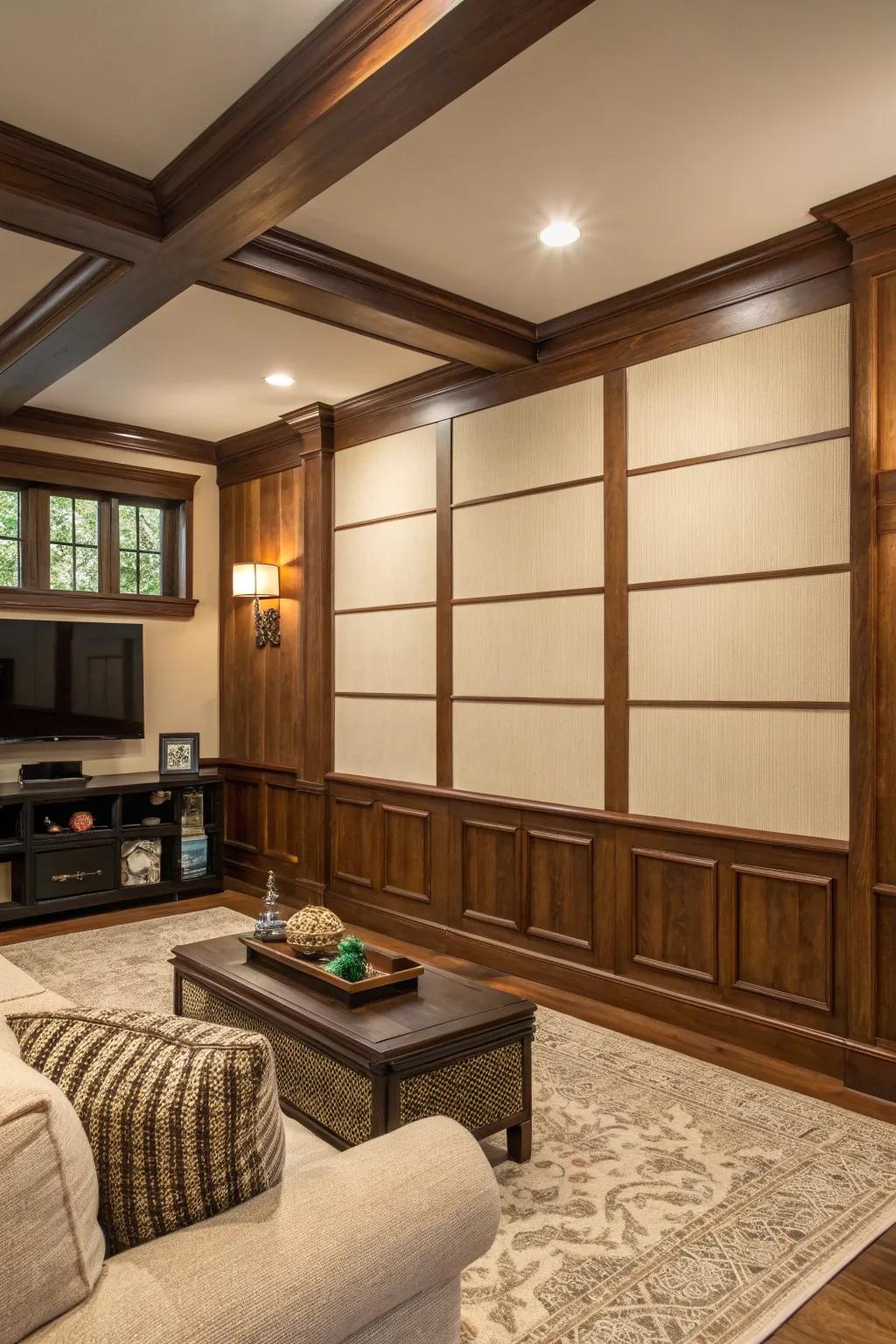 Living room with dynamic horizontal and vertical paneling.