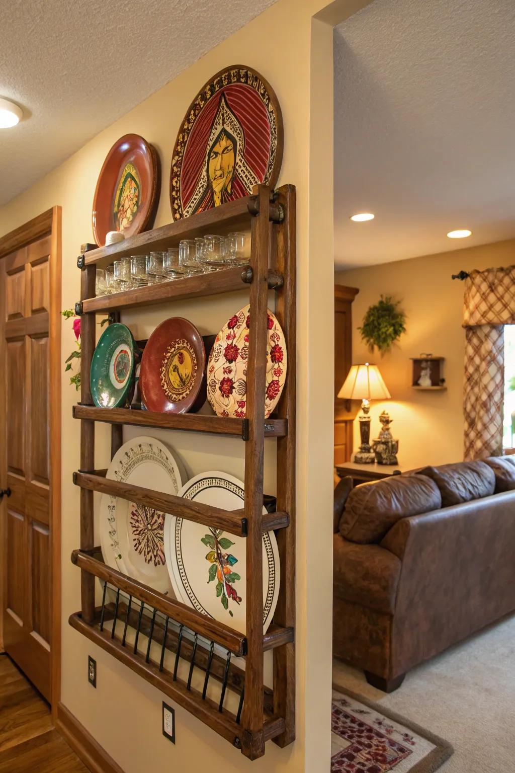 A cultural plate rack adding personal heritage to home décor.