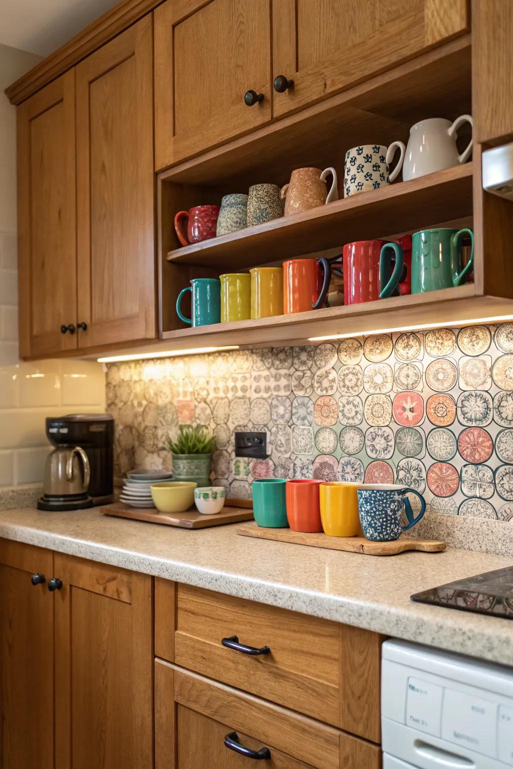 Under-the-cabinet shelves keep counters clear.