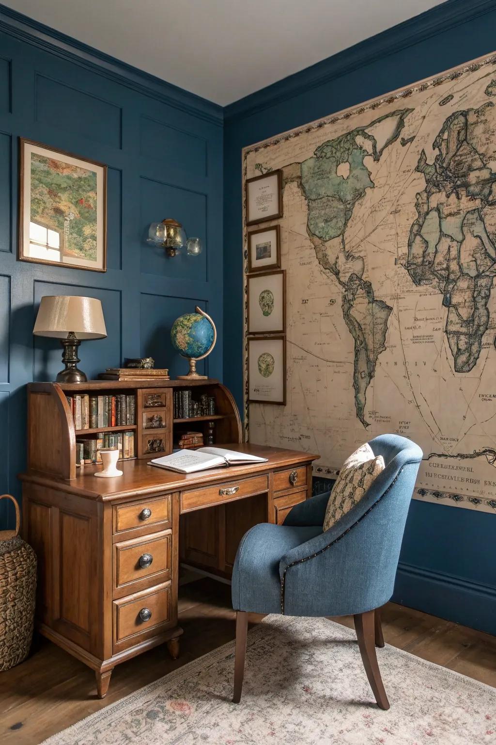 An adventurous study with vintage map wallpaper and deep blues.