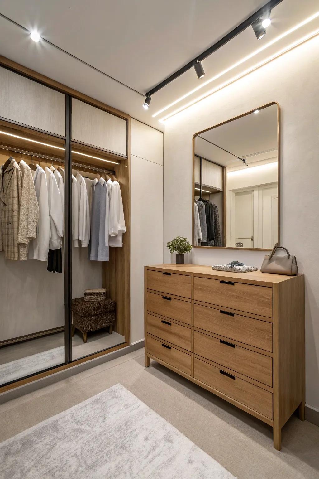 Minimalist design brings simplicity and elegance to the wardrobe room.