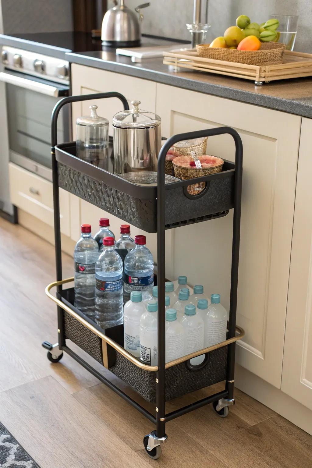 Stylish and mobile water bottle storage on a rolling cart