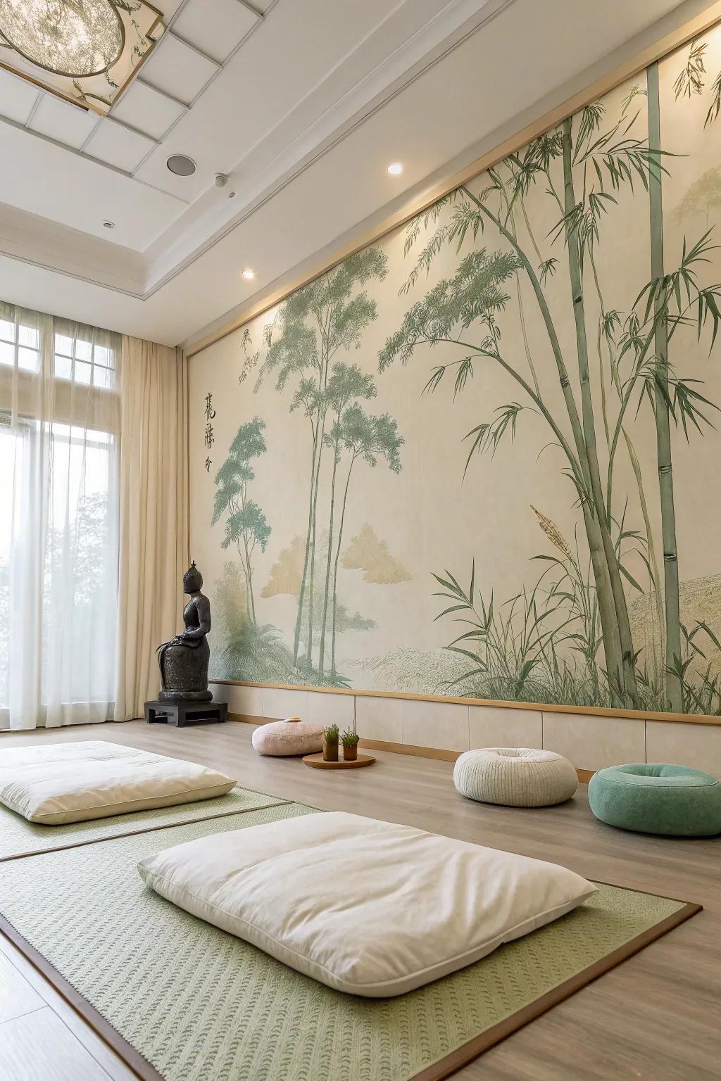 A tranquil nature-inspired neutral watercolor background complements a zen meditation room.