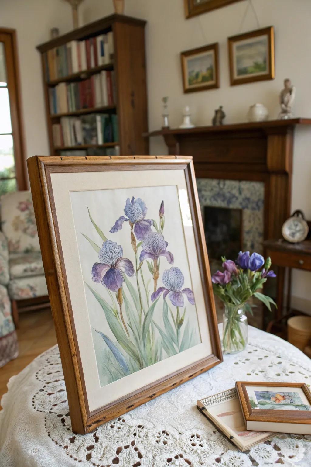 Add sophistication to your space with this soft painting of irises.