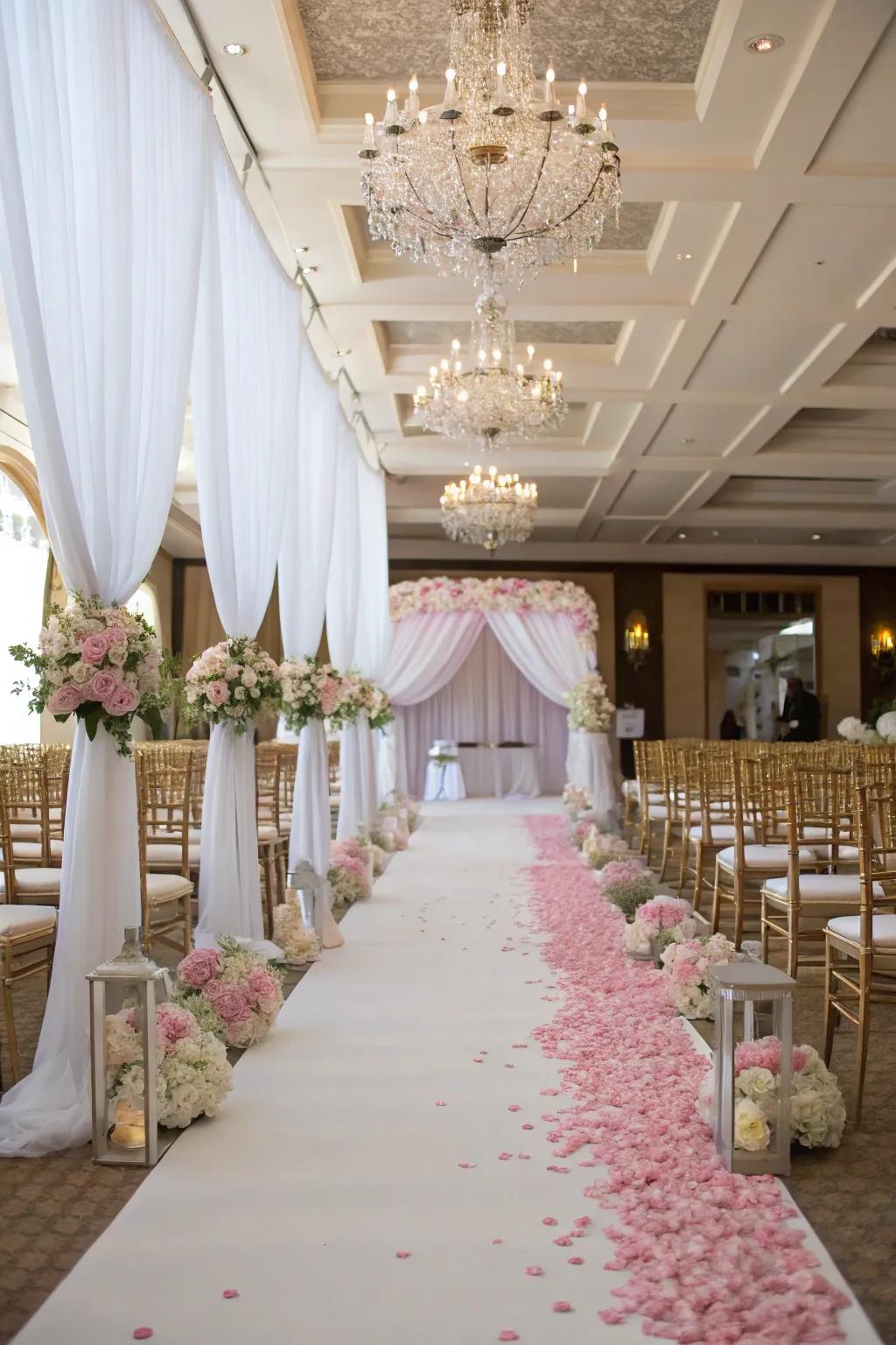 Elegant floating floral arrangements above a wedding aisle.