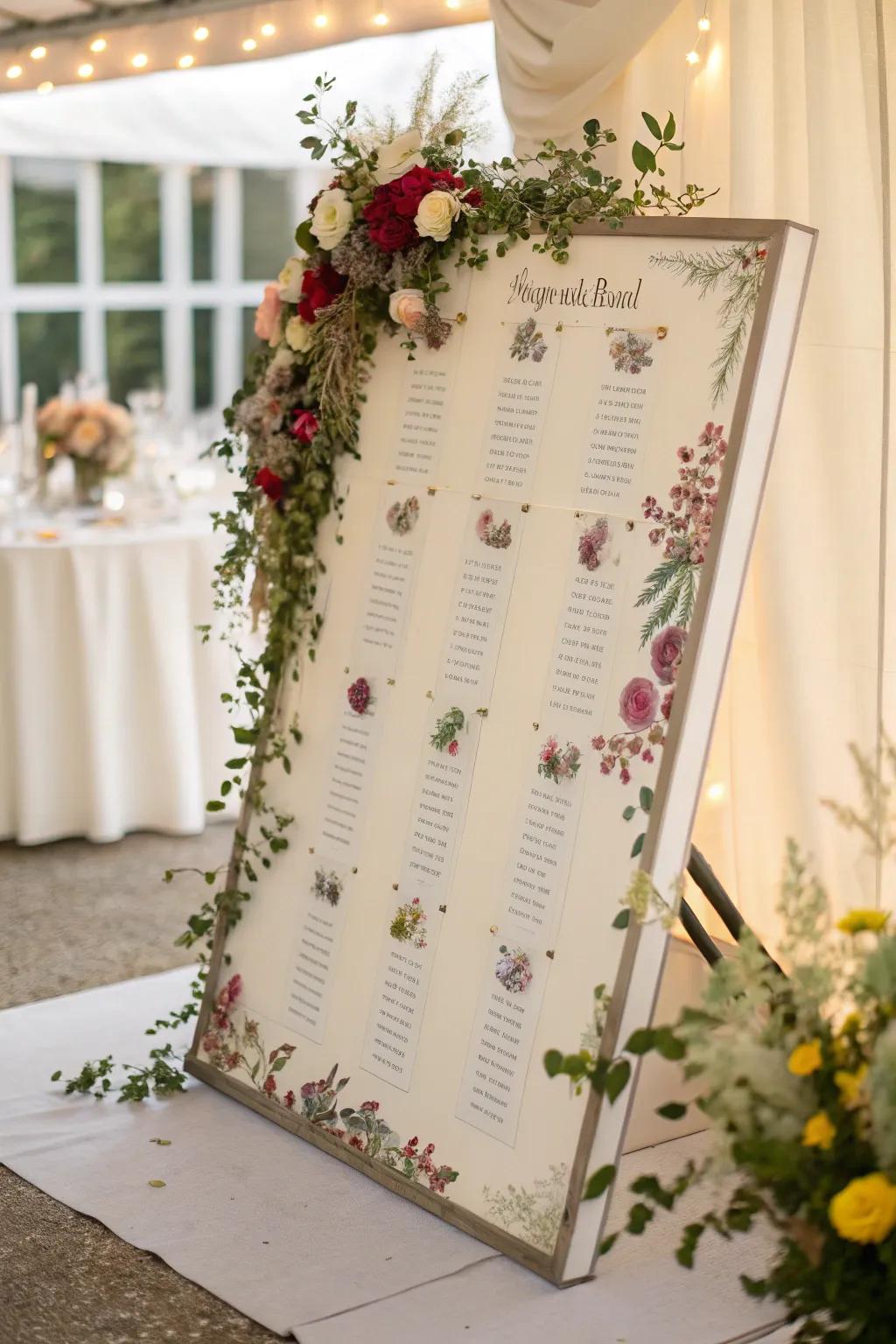 Pressed flowers elegantly displayed within panels, adding a romantic touch to a wedding seating chart.