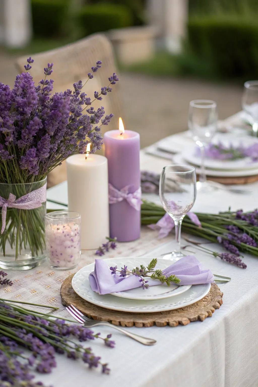 A lavender-themed wedding table setting with calming purple tones.