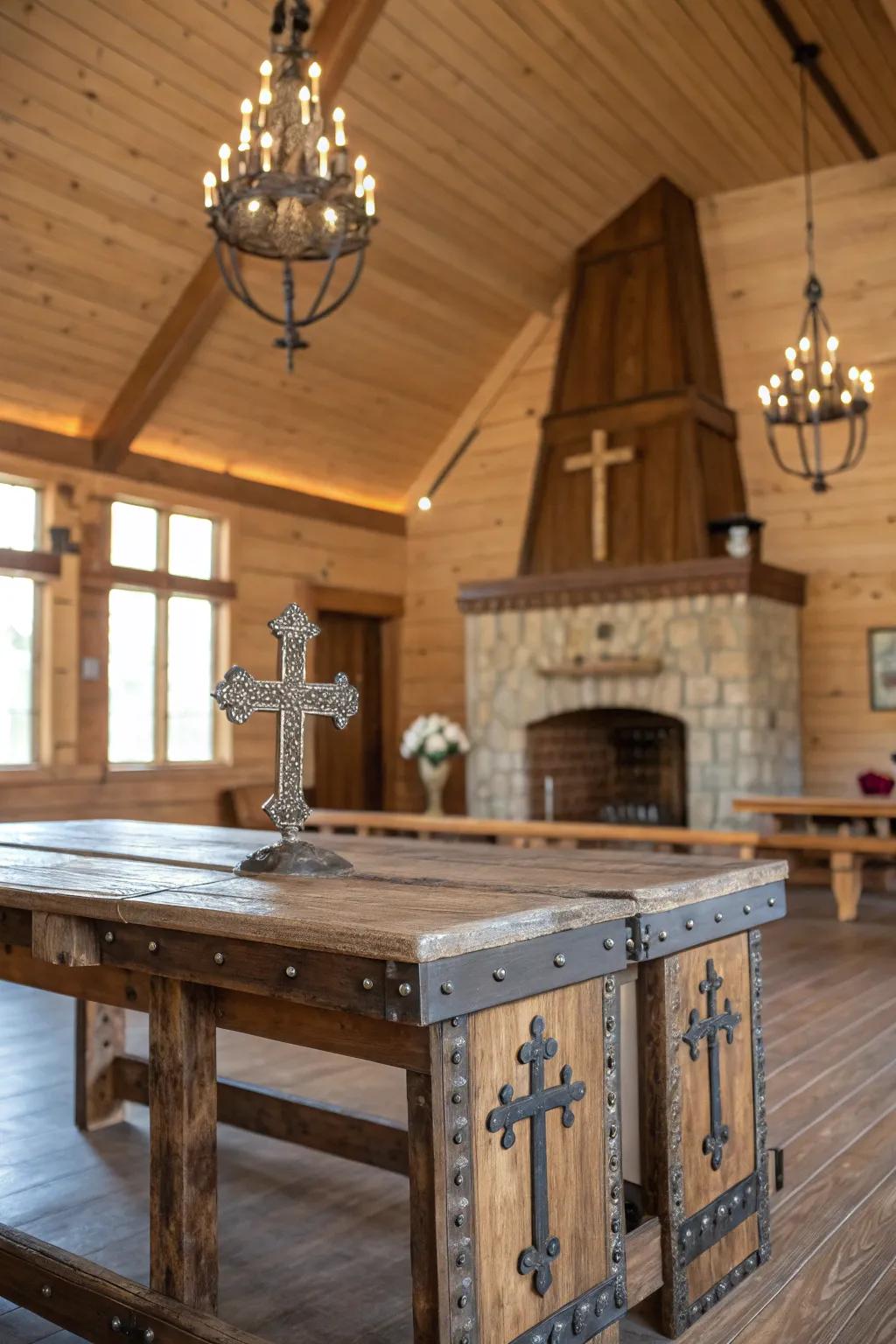 Rustic cross accents offering a spiritual touch to the table.