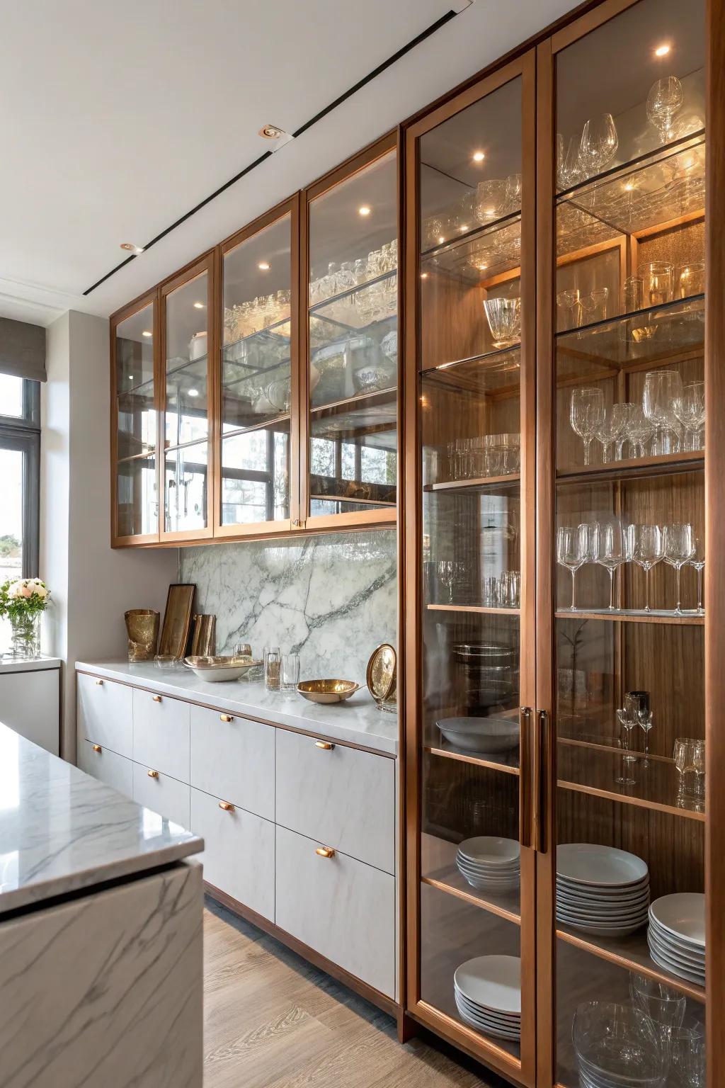 Copper-lined cabinets add depth and sophistication to kitchen storage.