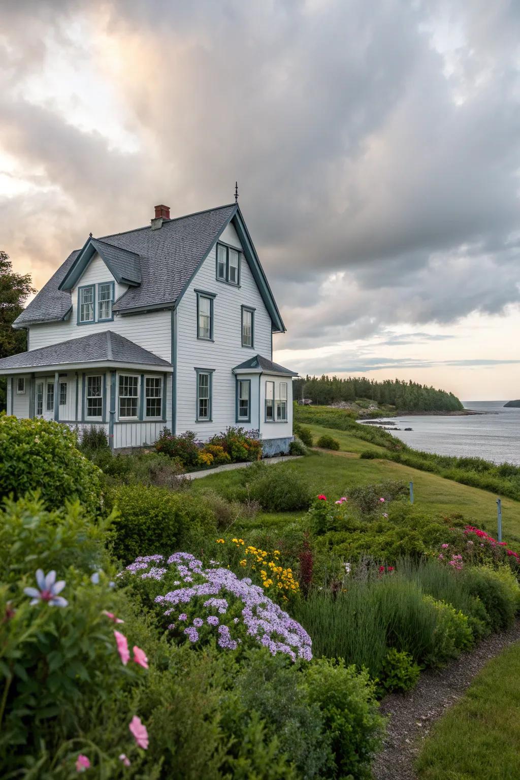 Gray-blue trim adds a timeless and serene touch to this elegant white home.