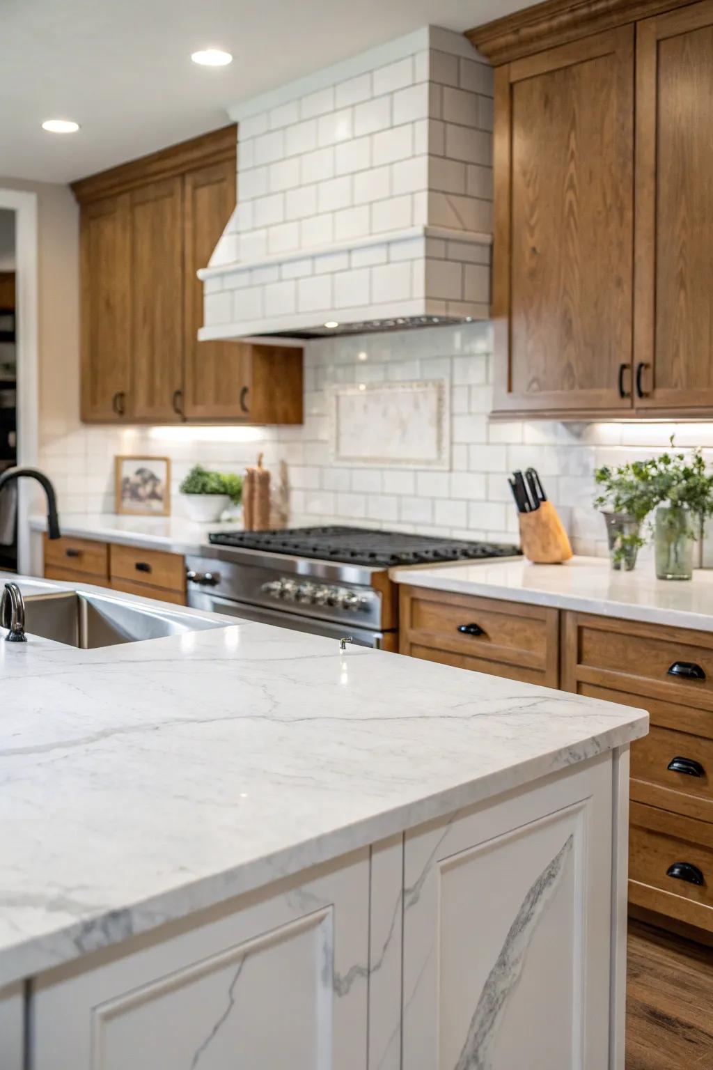 White soapstone countertops offer a soft, heat-resistant surface.