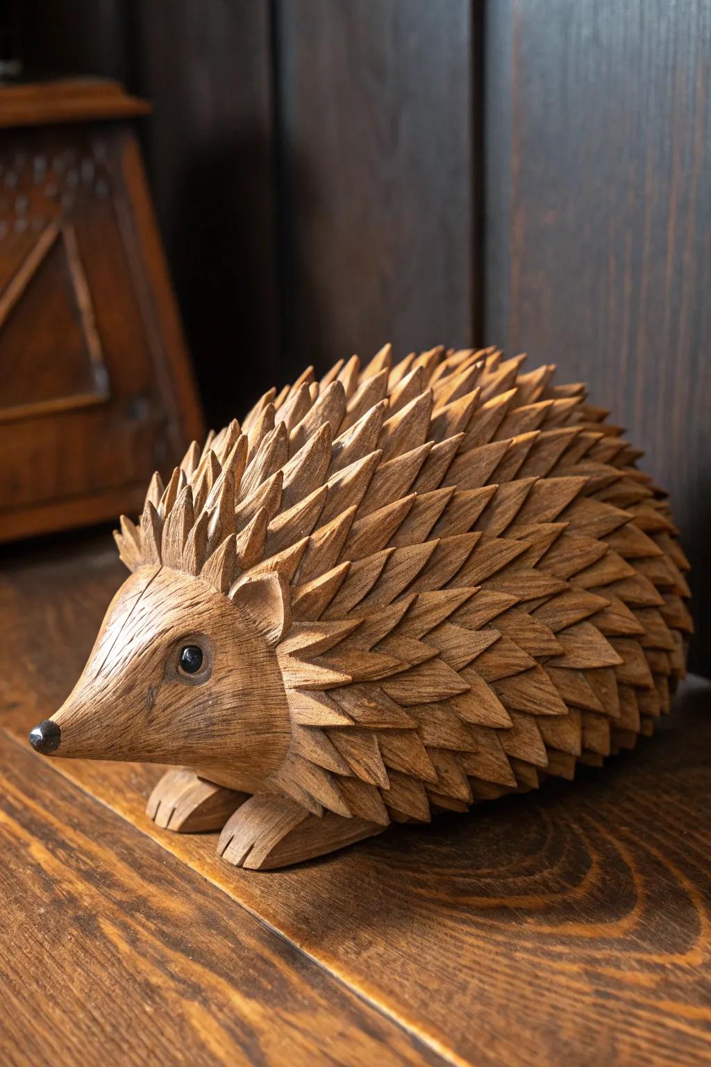 Crafted with care: A charming wooden hedgehog that brings the beauty of nature to your space.