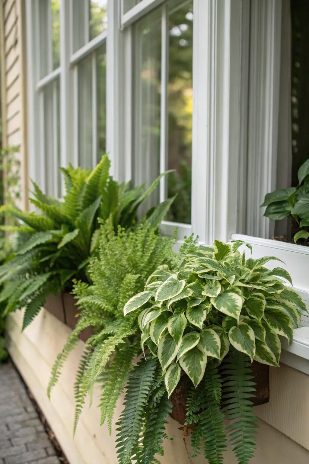 A lush and calming window box with shade-loving plants like ferns and hostas.