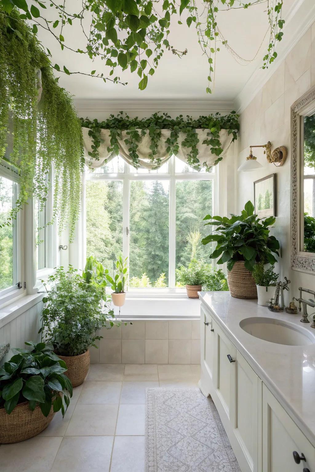 Nature-inspired valance bringing freshness to a bathroom.