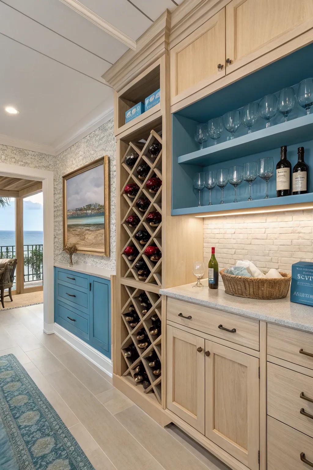 A wine closet with a refreshing coastal vibe