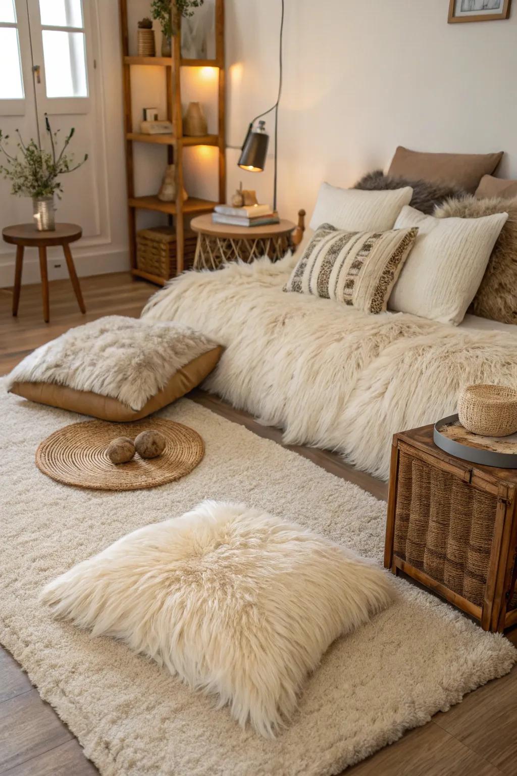 Faux fur accents add luxury and softness.