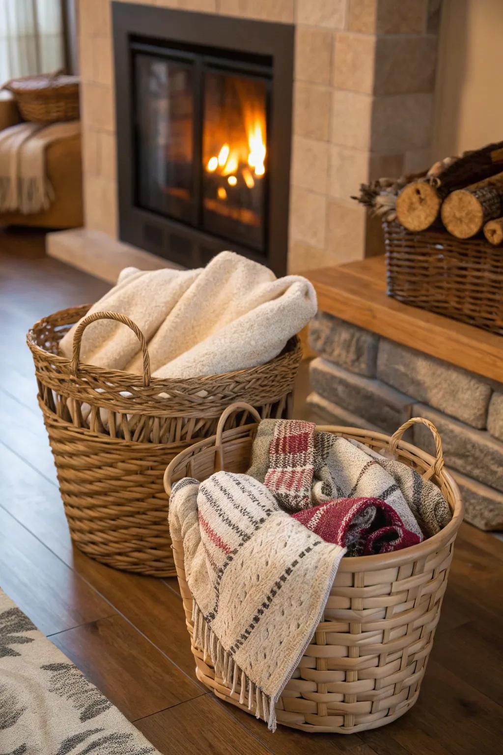 Woven baskets adding warmth and functionality.