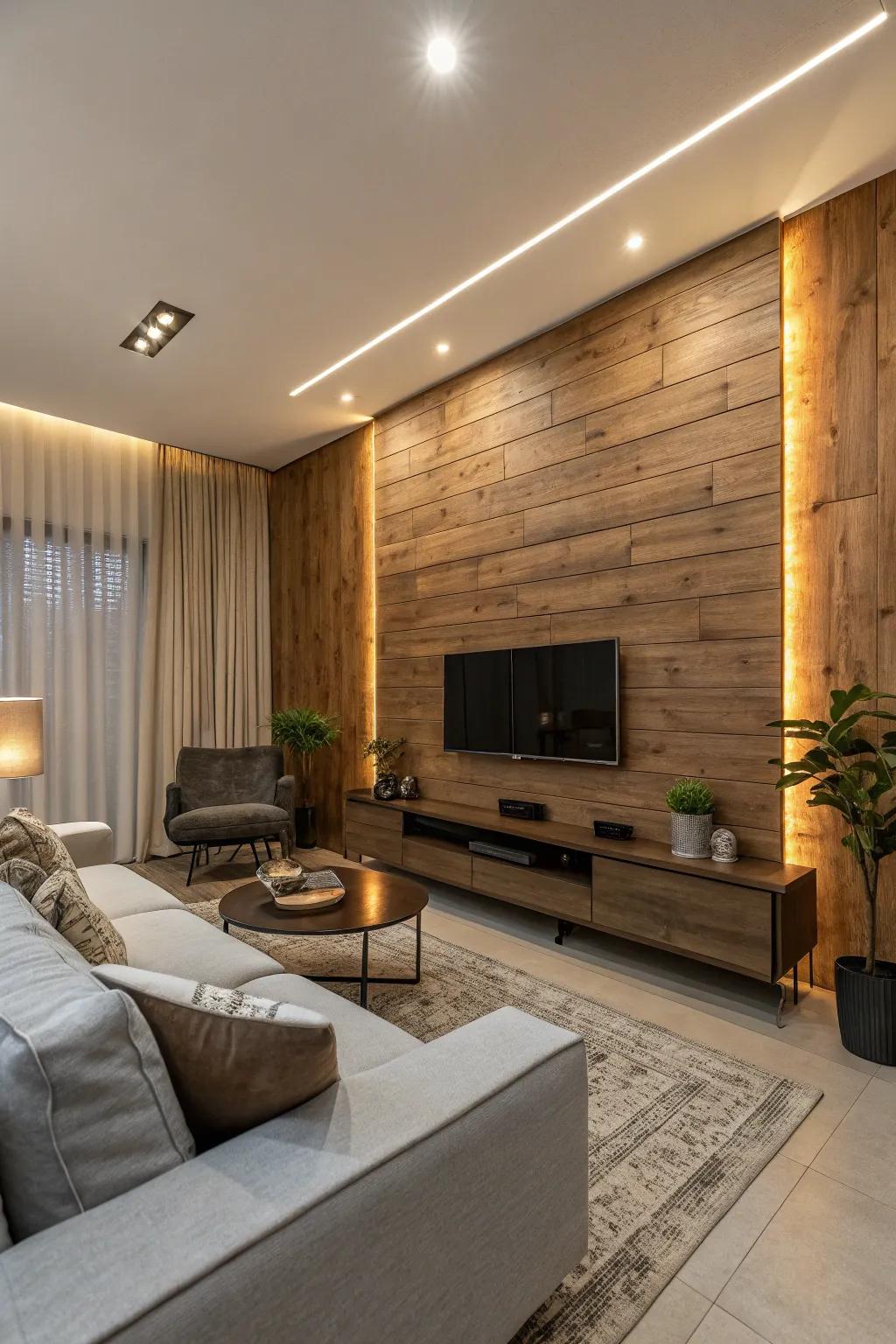 A modern living room with a wood accent wall featuring integrated lighting.