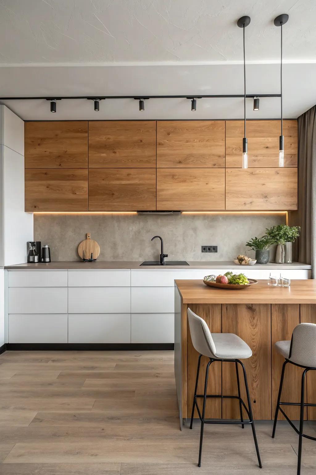 A minimalist kitchen featuring a sleek wood plank backsplash.