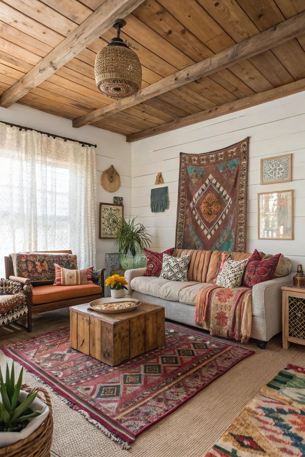 Layered textures create depth and interest in this bohemian space.