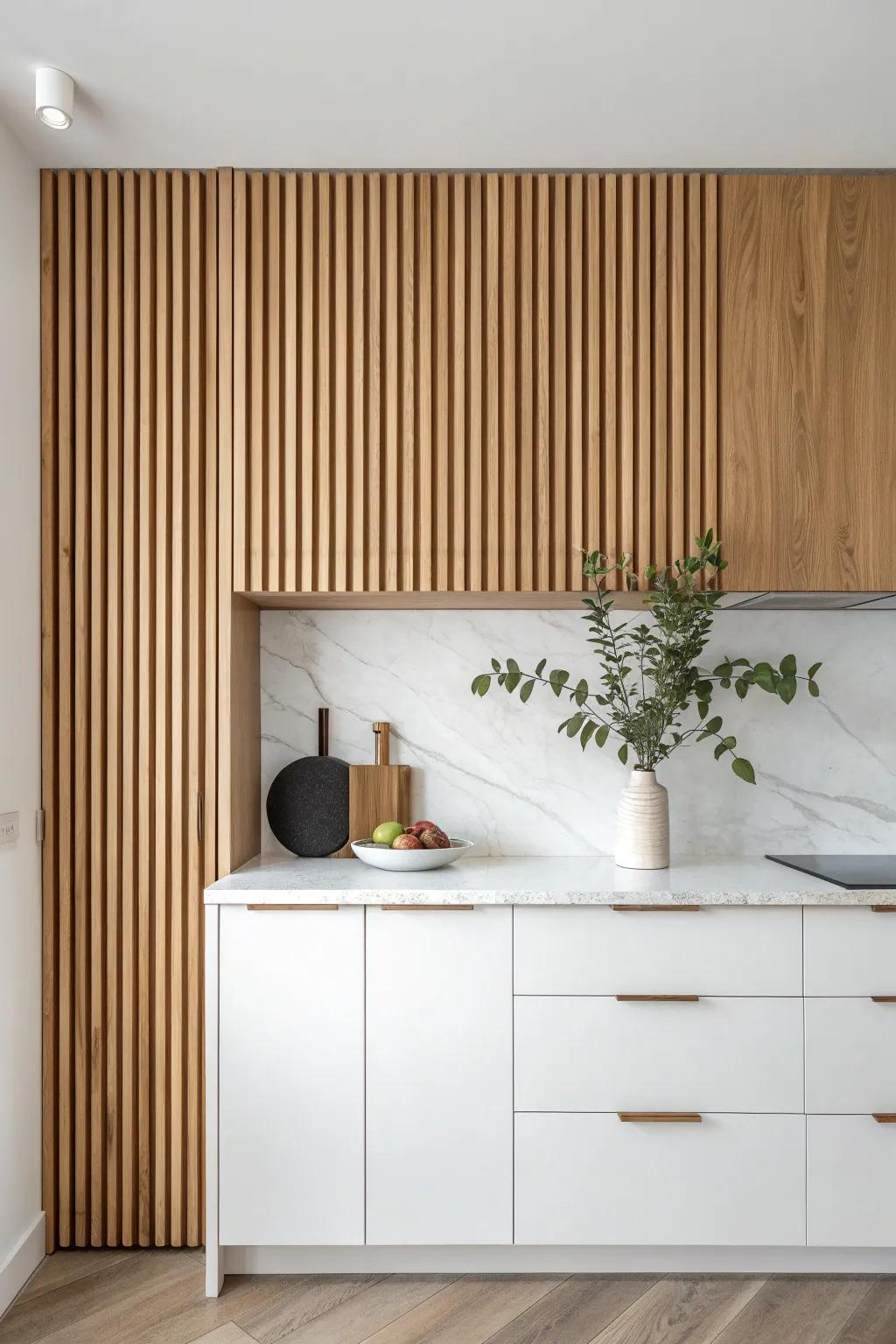 Transform your kitchen with the natural beauty and warmth of a wood slat backsplash.