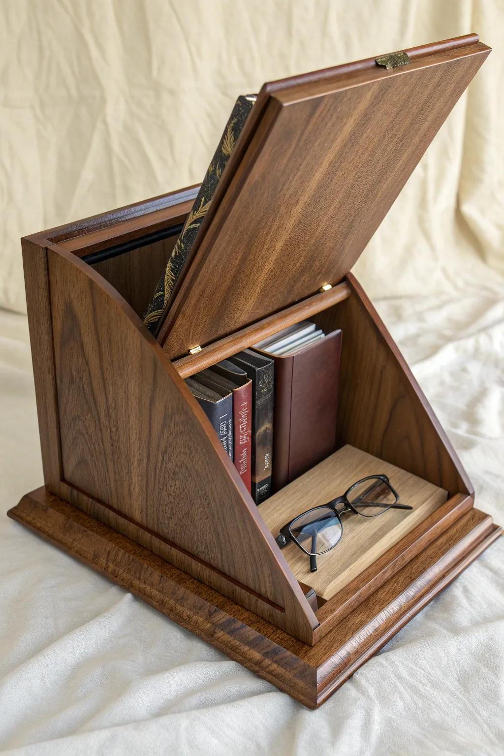 Discover the art of concealment with this masterfully crafted wooden book stand, where function meets mystery. #Craftsmanship #HiddenStorage