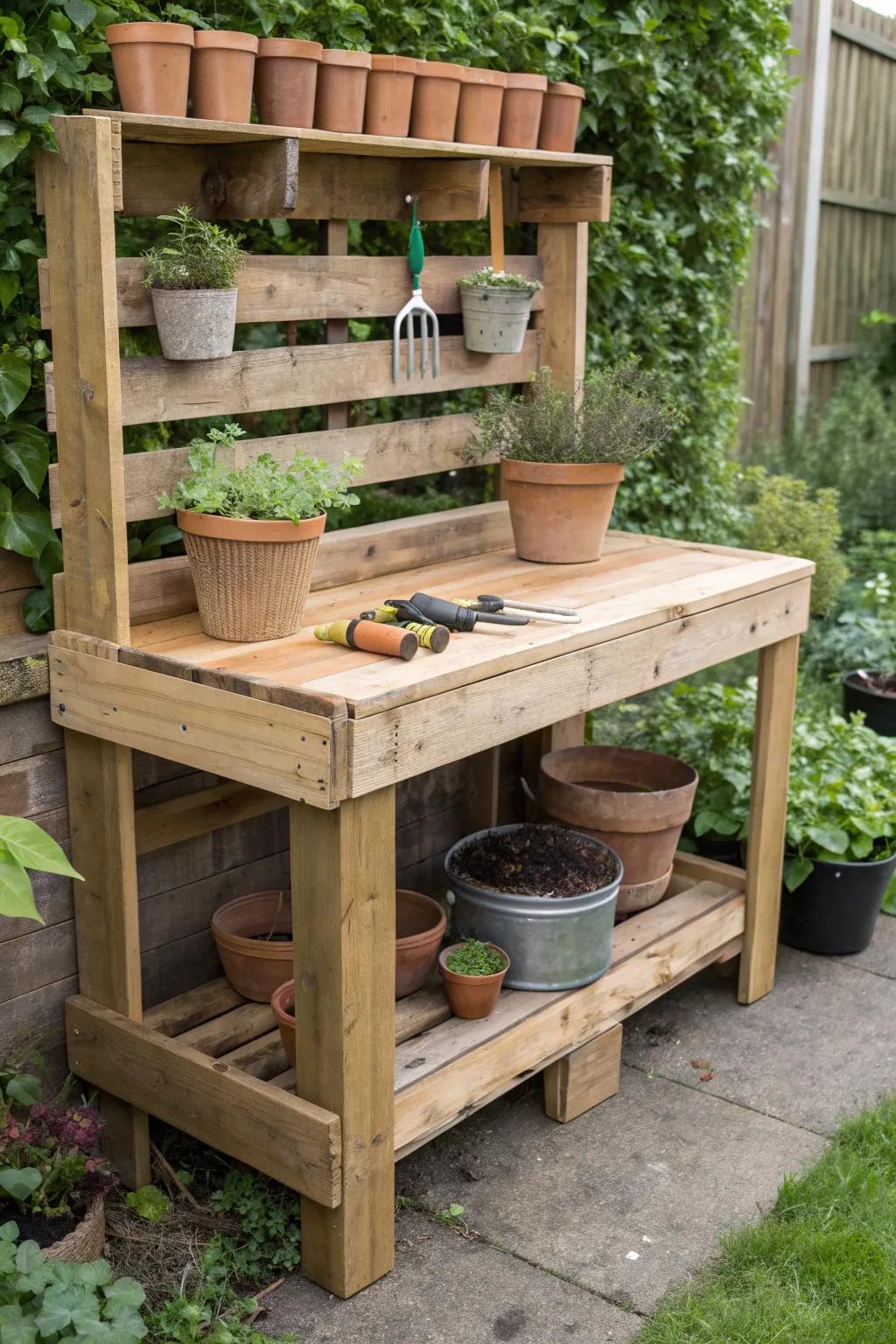 Elevate your gardening experience with a handcrafted pallet potting bench.