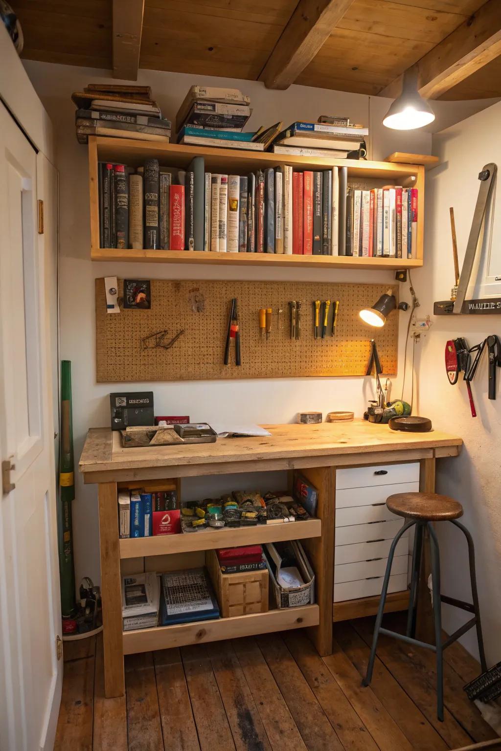 A bookshelf can serve dual purposes in your workspace.