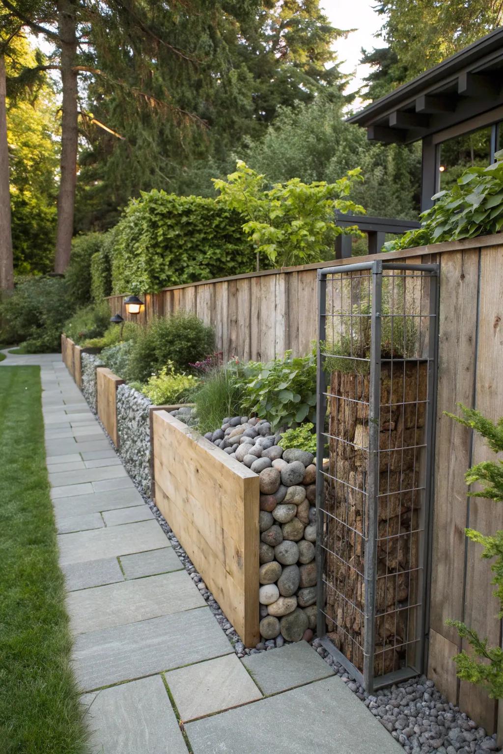 Mixed materials create eclectic and personalized yard divisions.