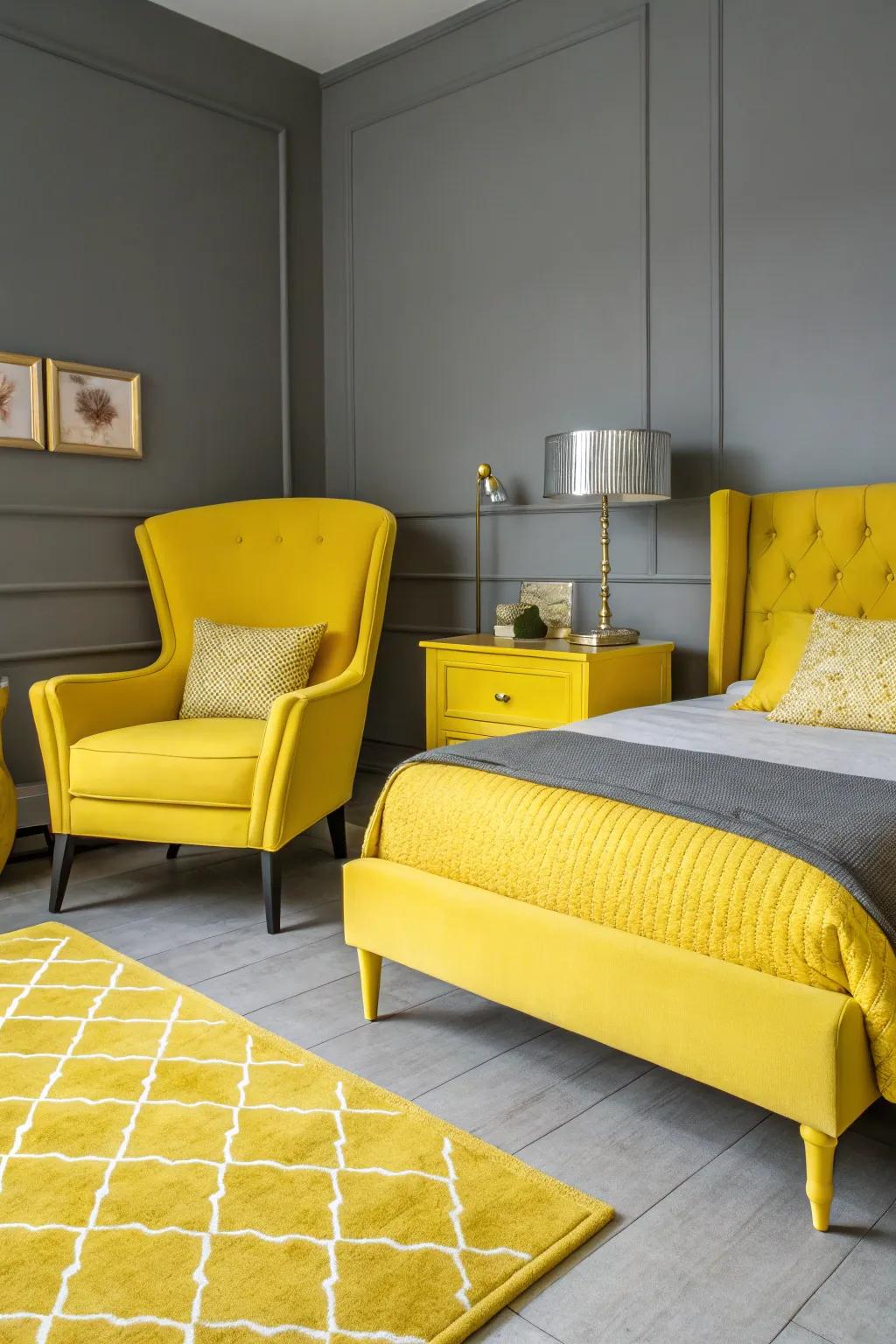 Bold yellow furniture adds personality and contrast to grey decor.