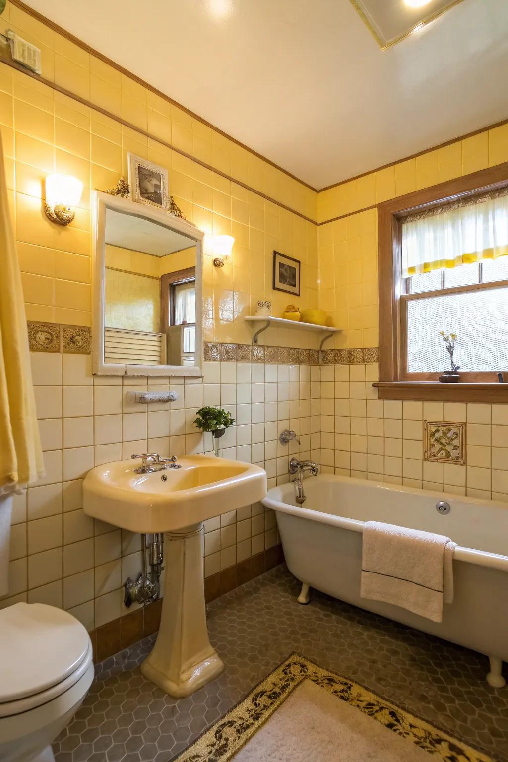 A retro bathroom featuring maple-colored tiles for a nostalgic vibe.