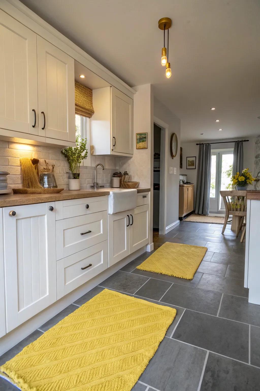 Yellow rugs on grey floors create a warm and inviting kitchen ambiance.