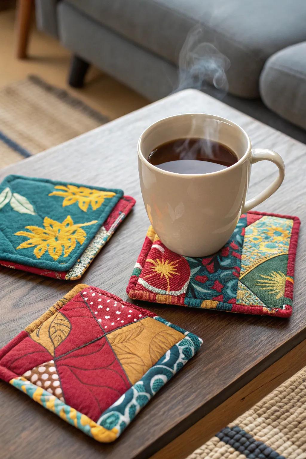 Upcycled coasters add personality to any coffee table.