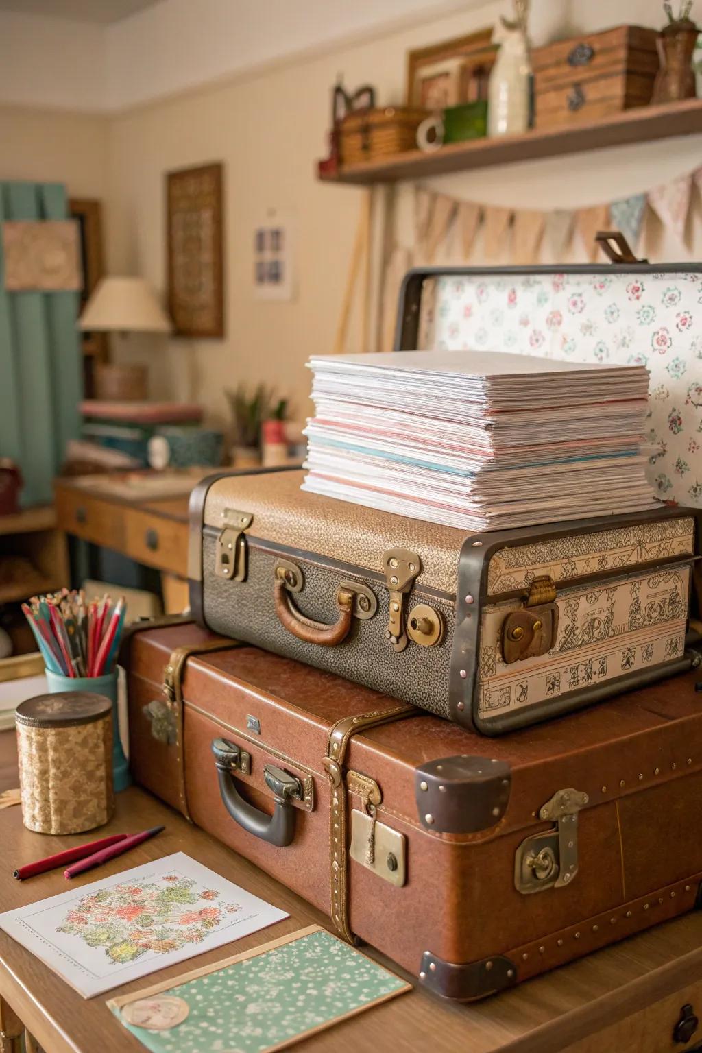 Vintage suitcases offer a charming and nostalgic way to store your paper collection.