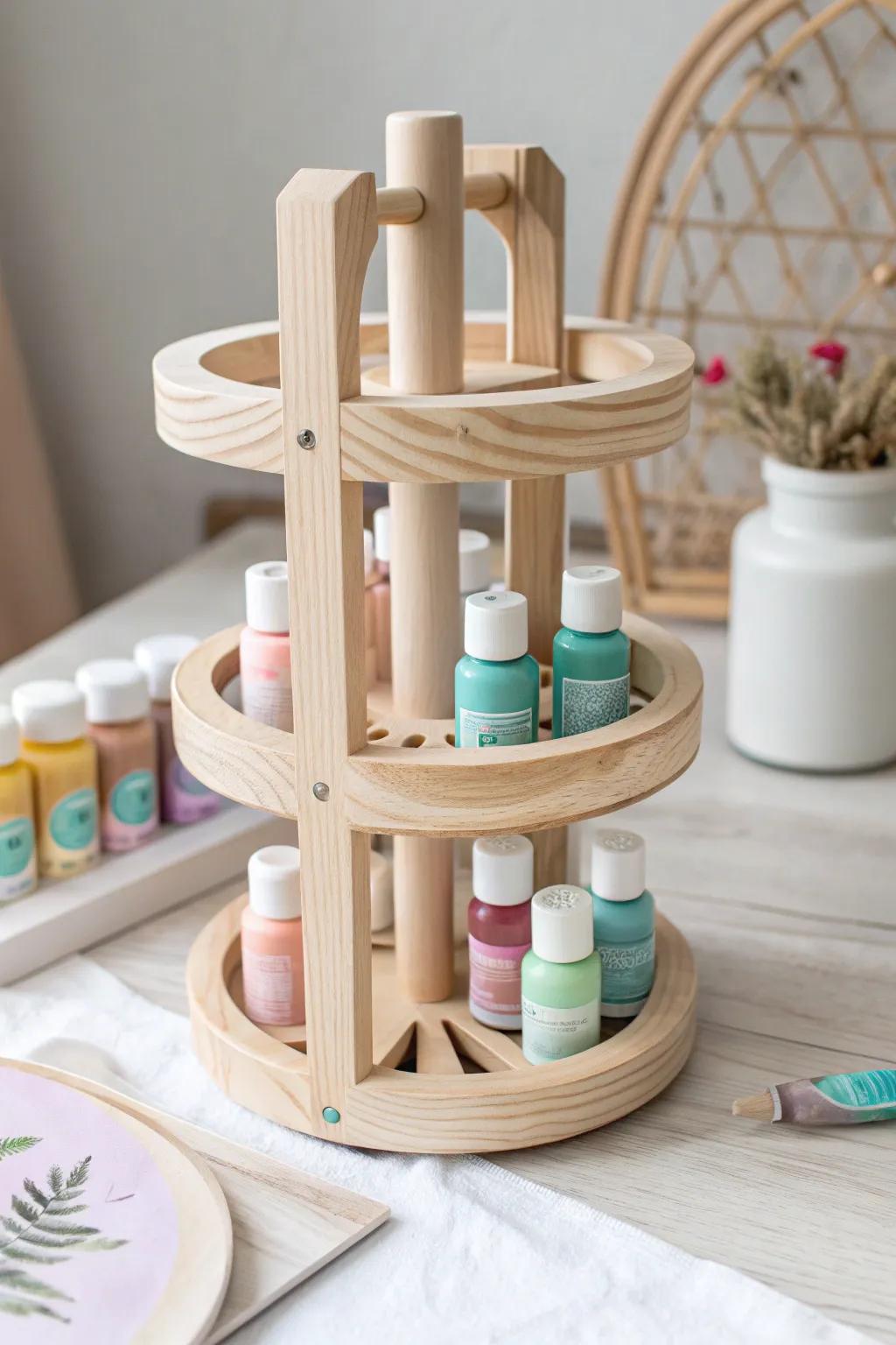 Embrace simplicity and function with this elegant rotating paint rack, perfect for adding a touch of artistry to your space.