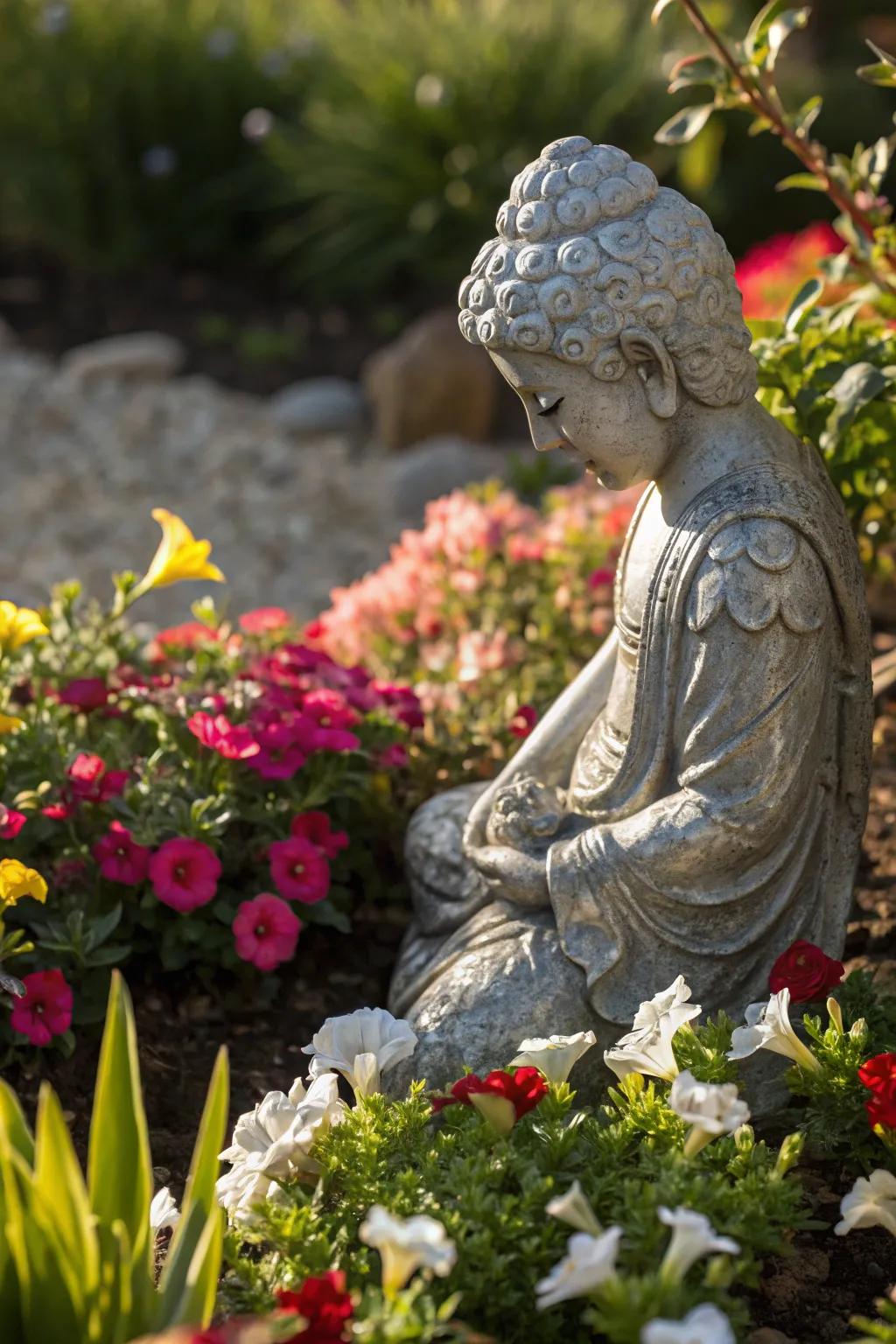 A silver garden statue adds charm to any outdoor space.