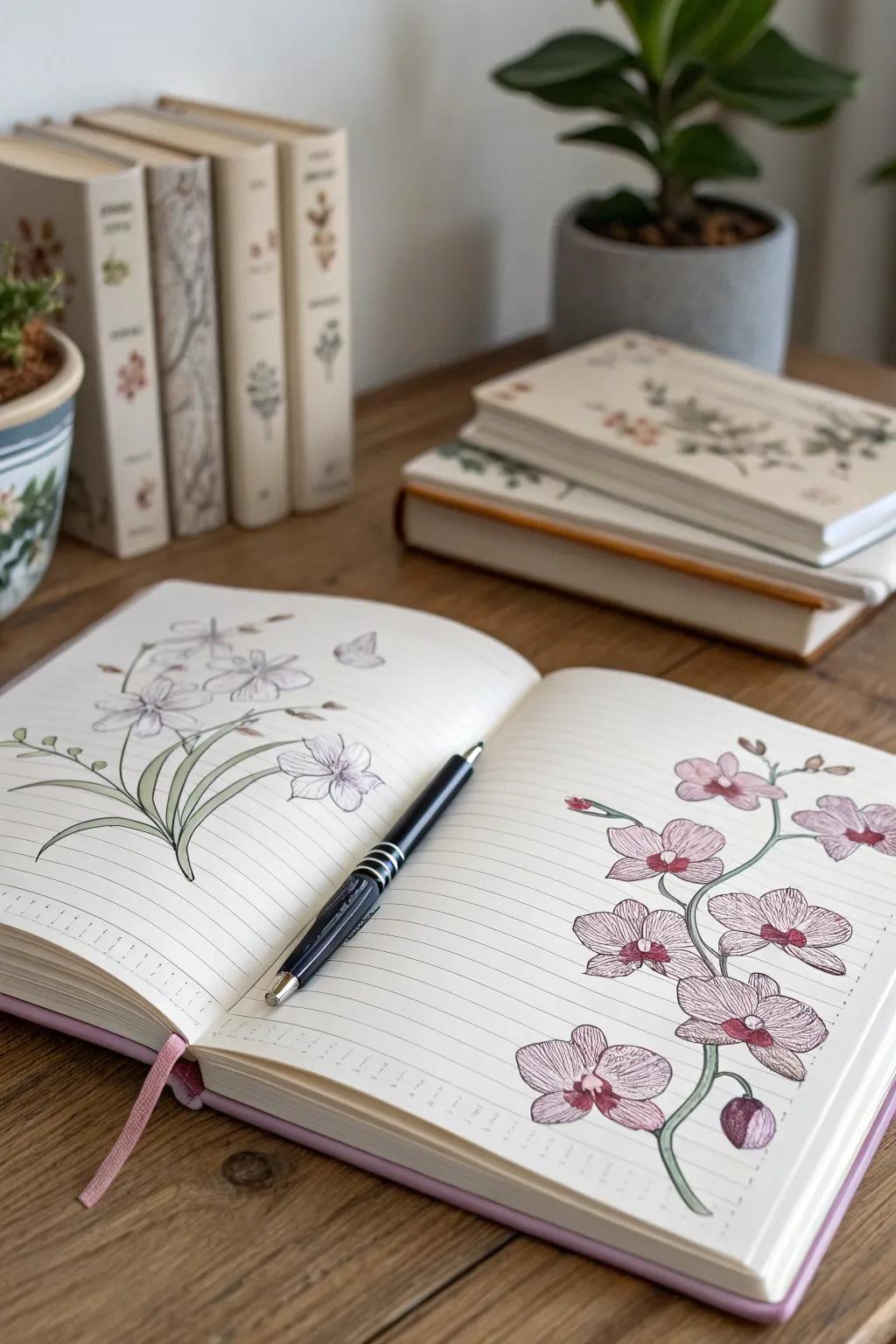 Capture your thoughts in an orchid-themed journal.