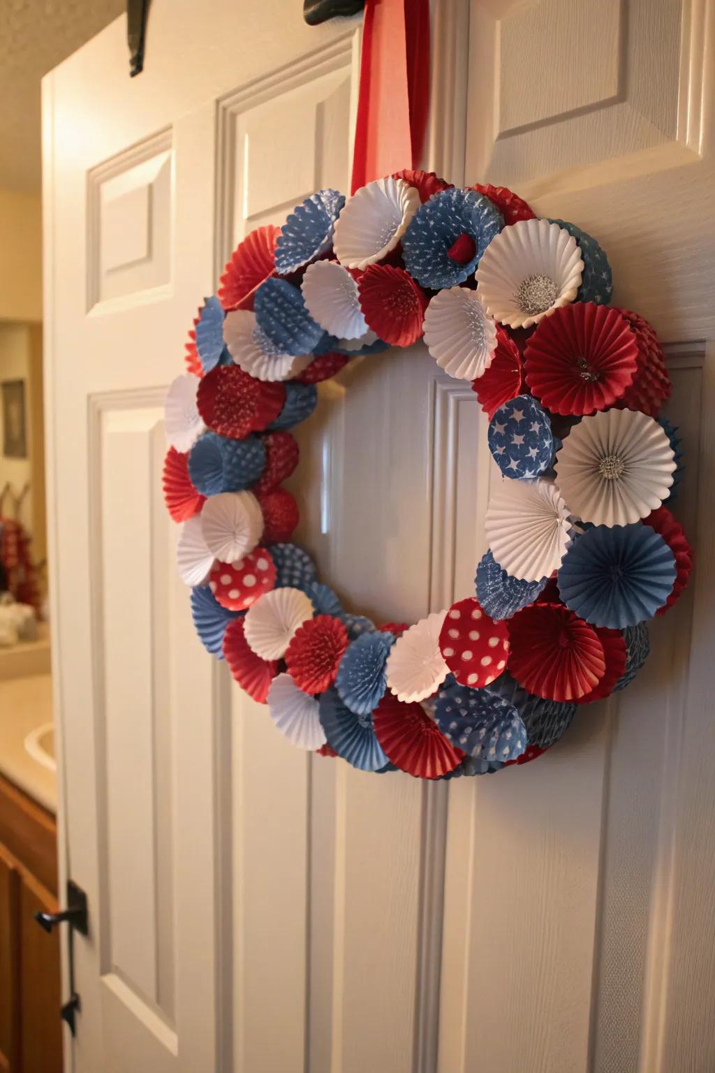 A whimsical cupcake liner wreath that adds fun to any celebration.