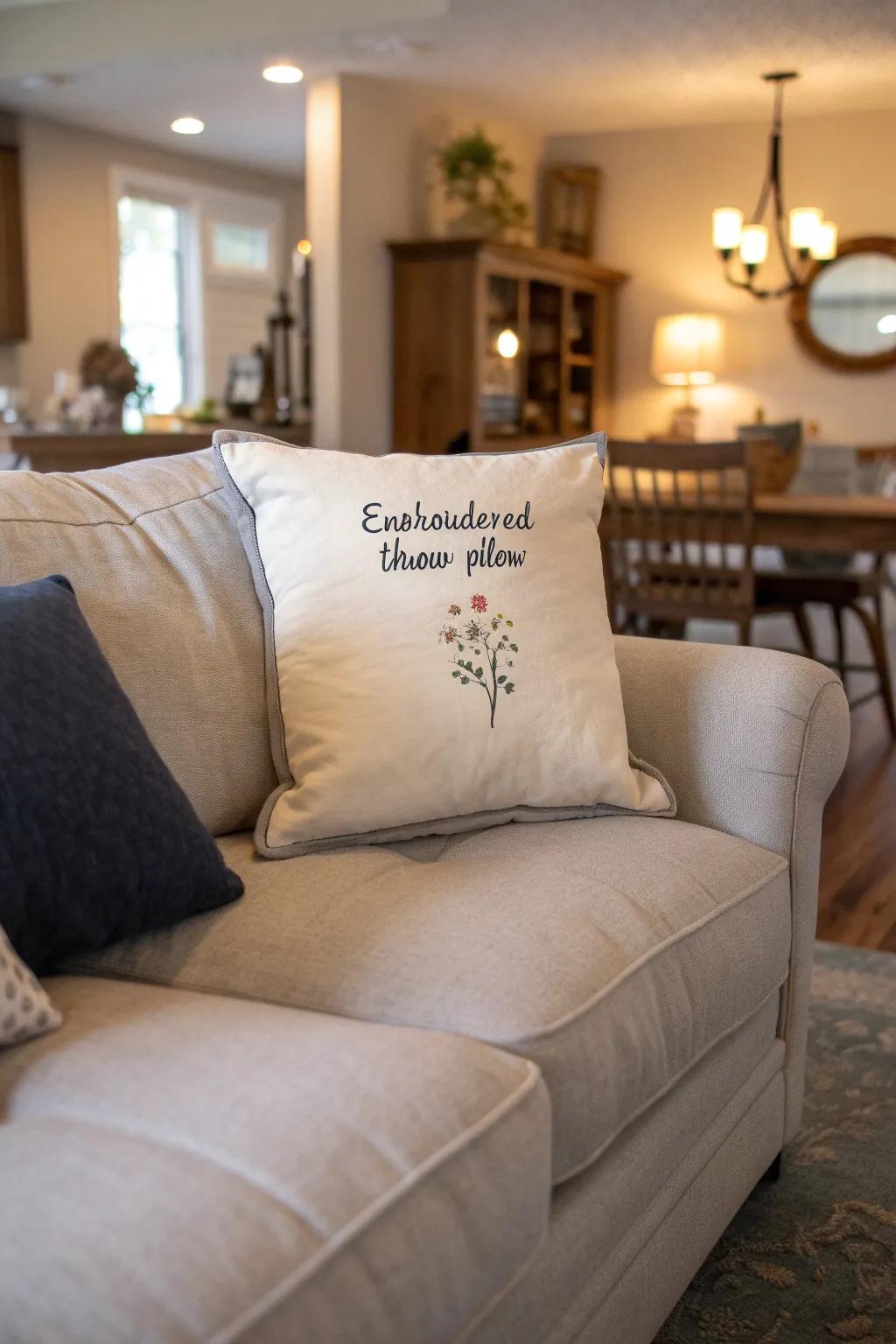 A custom embroidered pillow adds comfort and sentiment to her home.