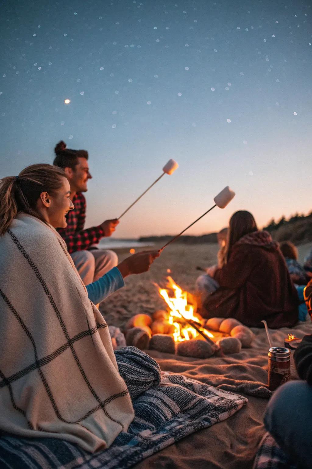 Embrace the warmth of a seaside bonfire celebration.