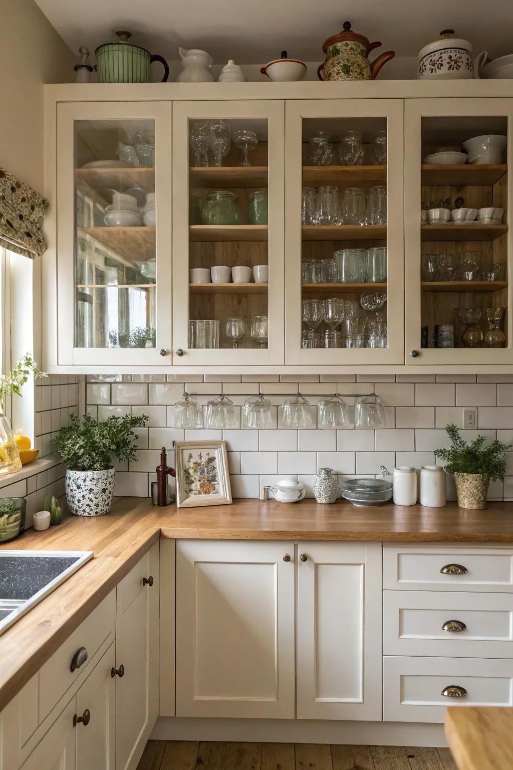 Glassware above cabinets adds elegance and functionality.