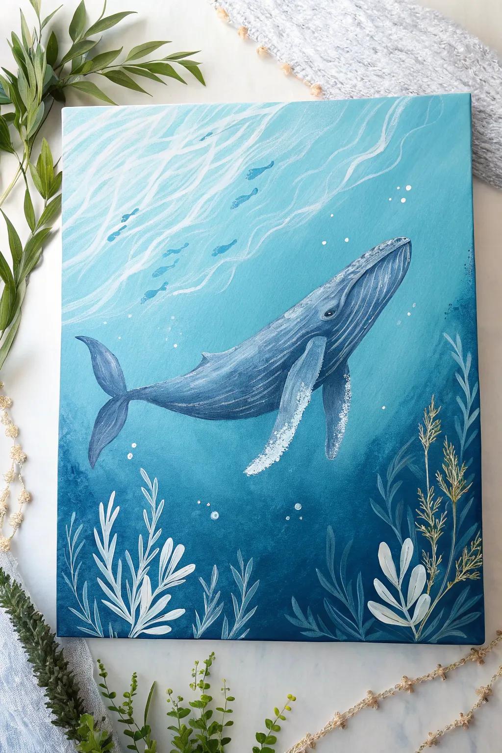 Dive into serenity with this enchanting whale painting, where simplicity meets the sea's timeless beauty.