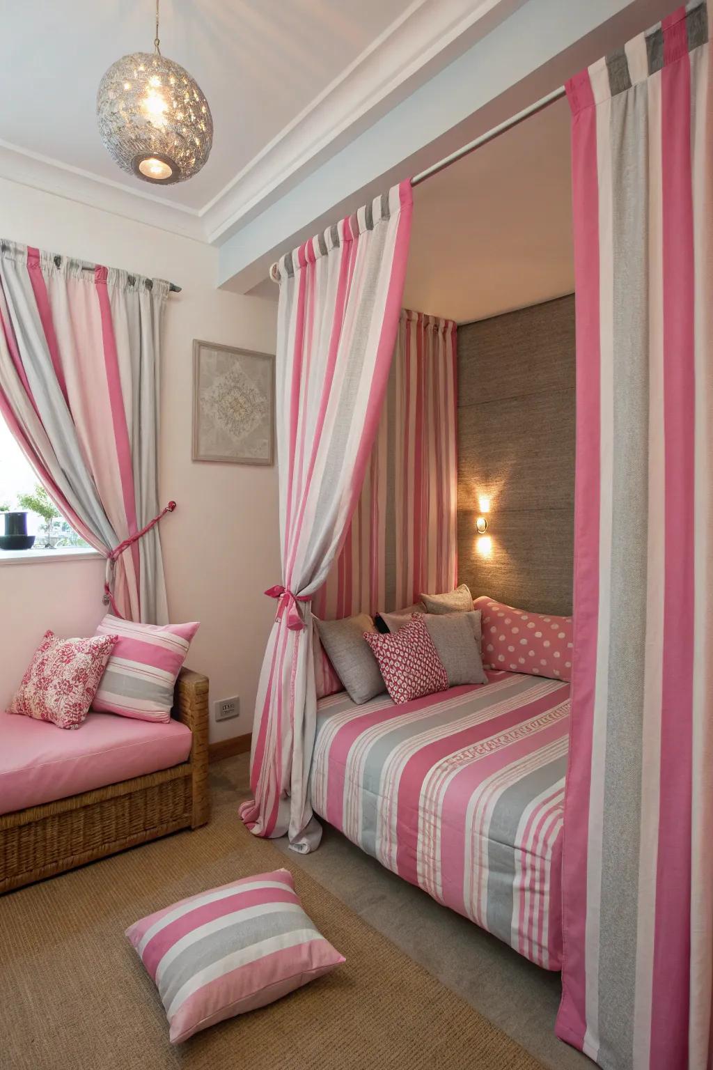 Pink and grey striped patterns add a playful and structured element.