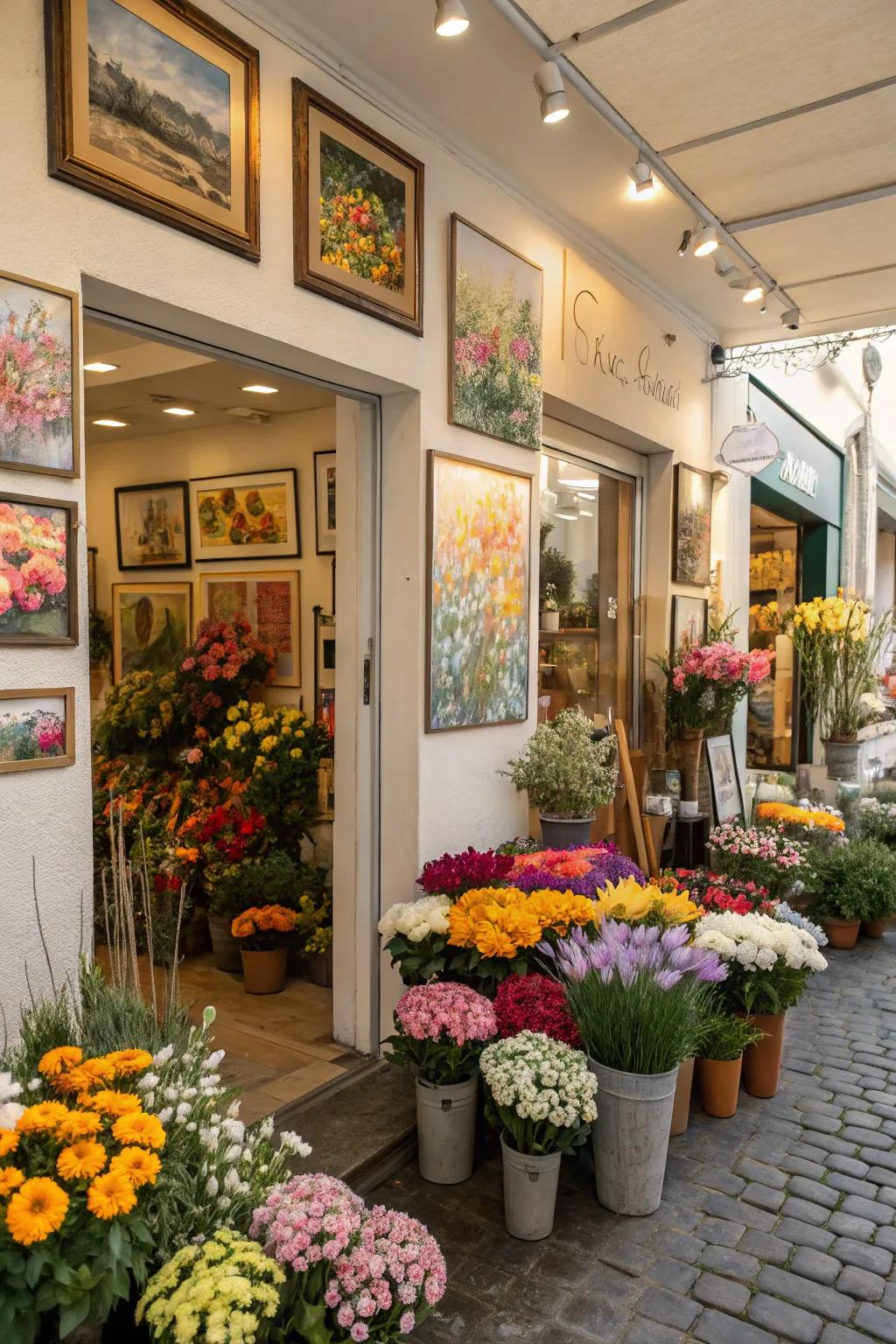 Local art displayed in a flower shop