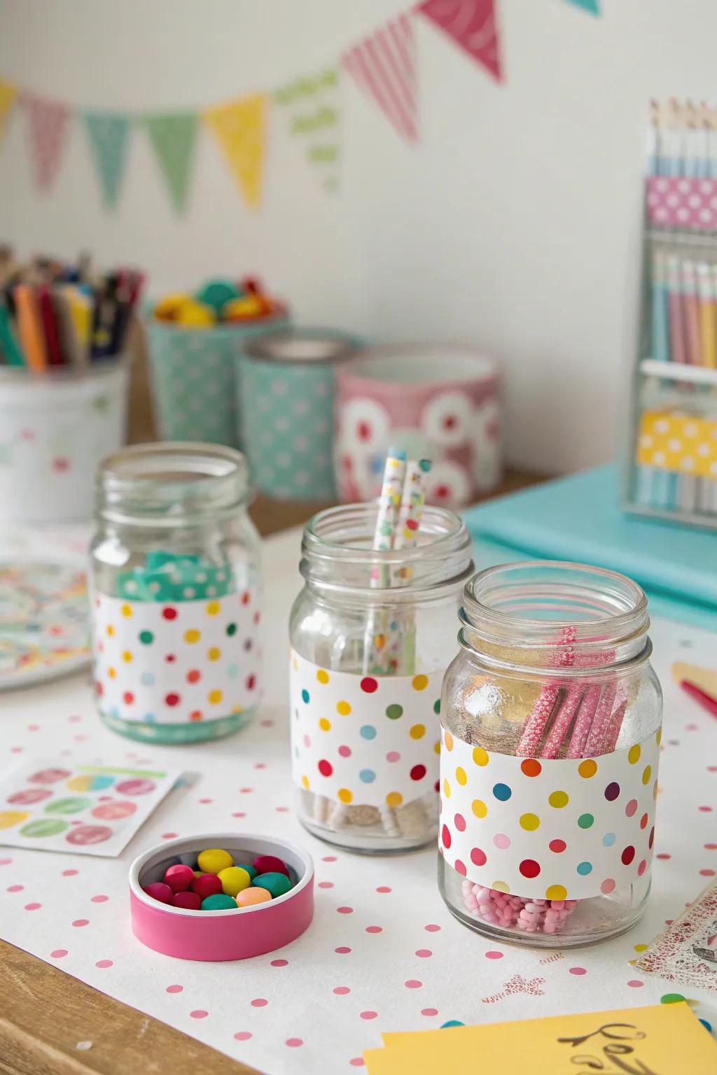 Polka dot jars adding a playful touch.