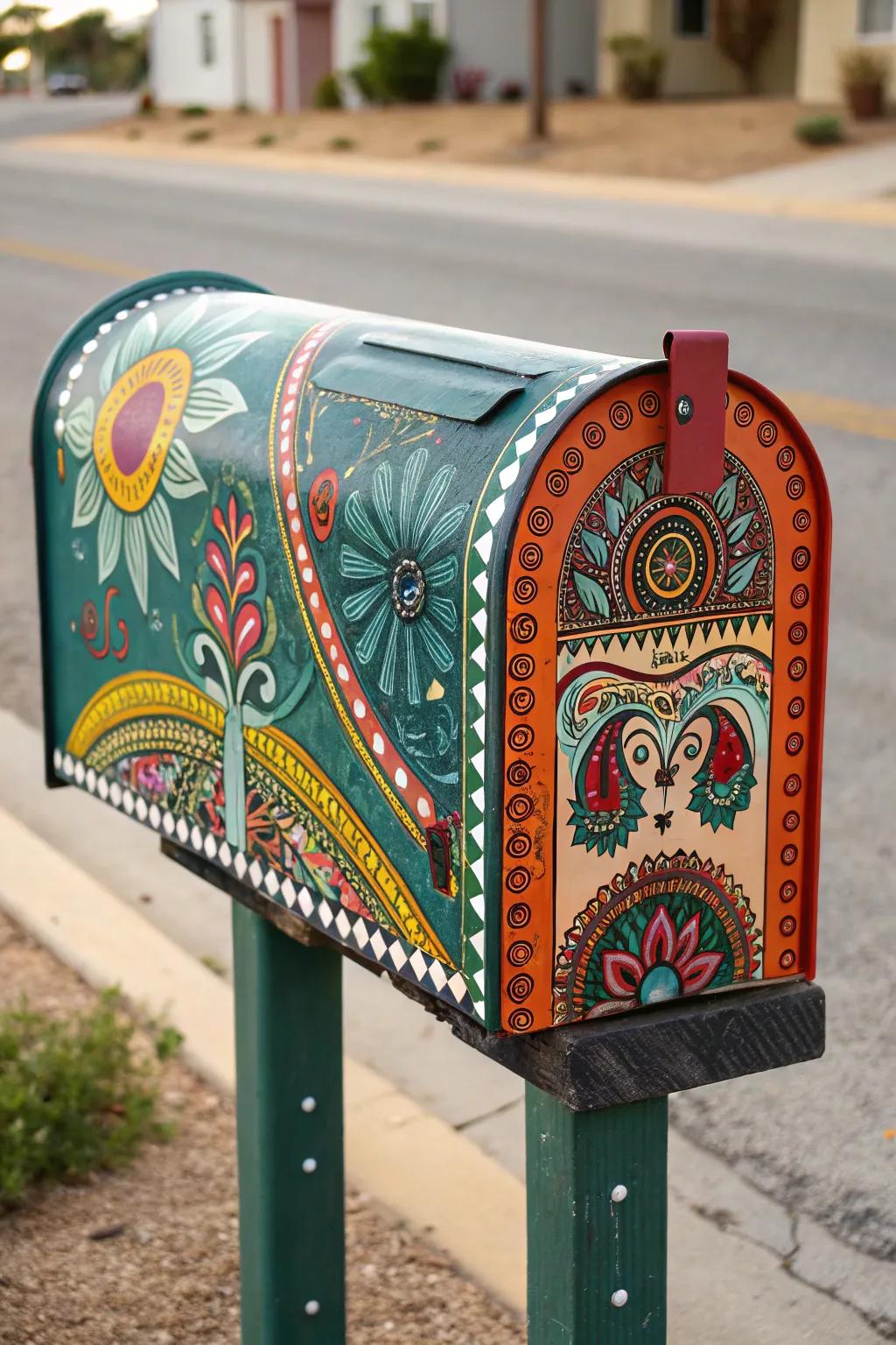 A mailbox featuring beautiful cultural patterns and vibrant designs.