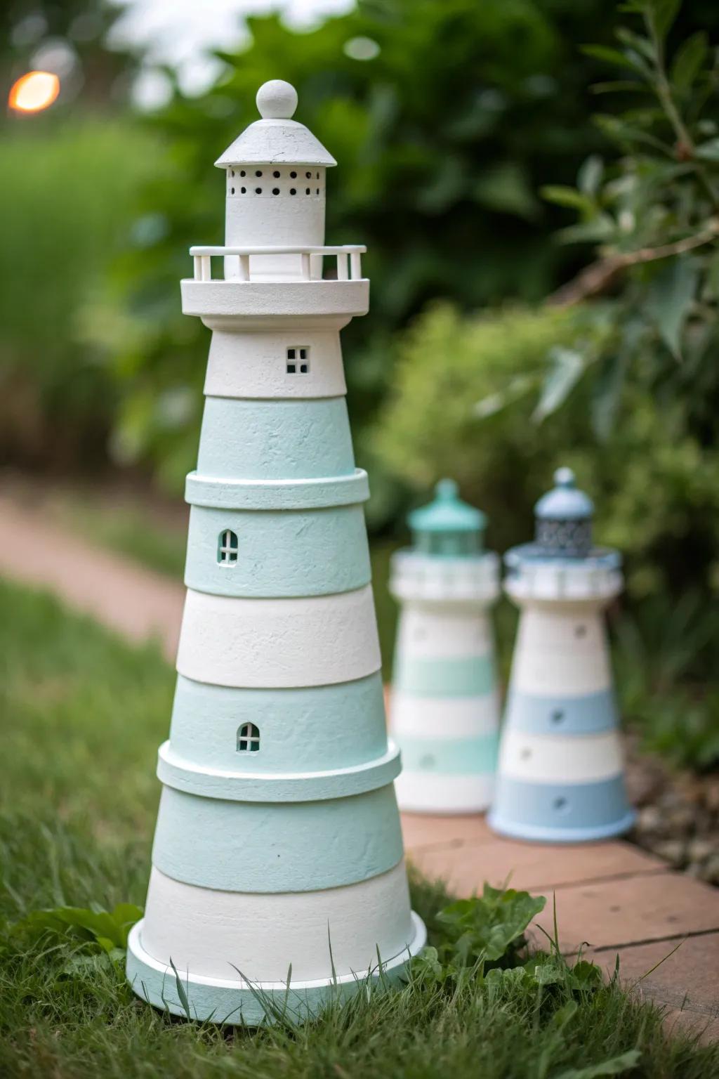 Transform your garden with a charming clay pot lighthouse—where simplicity meets seaside serenity.