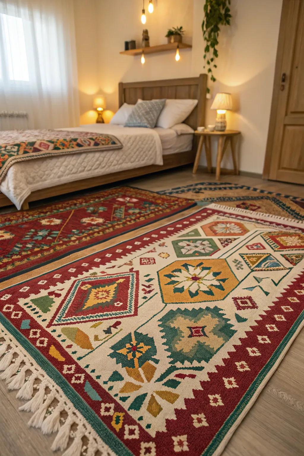 Ethnic rugs adding warmth and pattern to a bedroom floor.