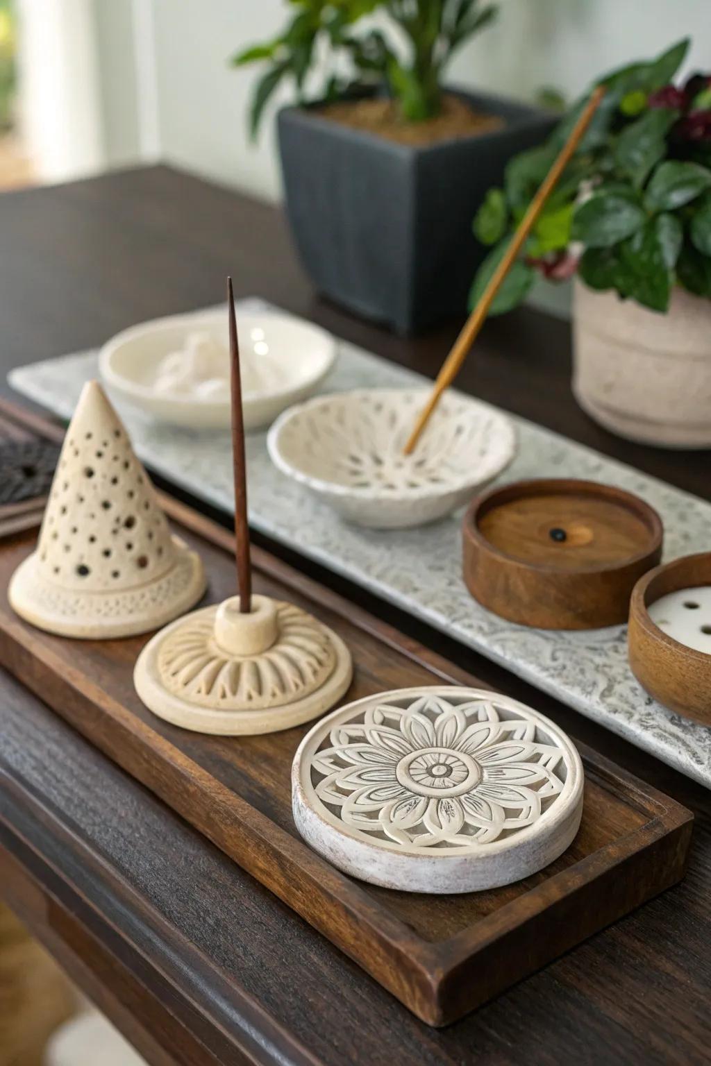 Create a serene atmosphere with handcrafted air dry clay incense holders.