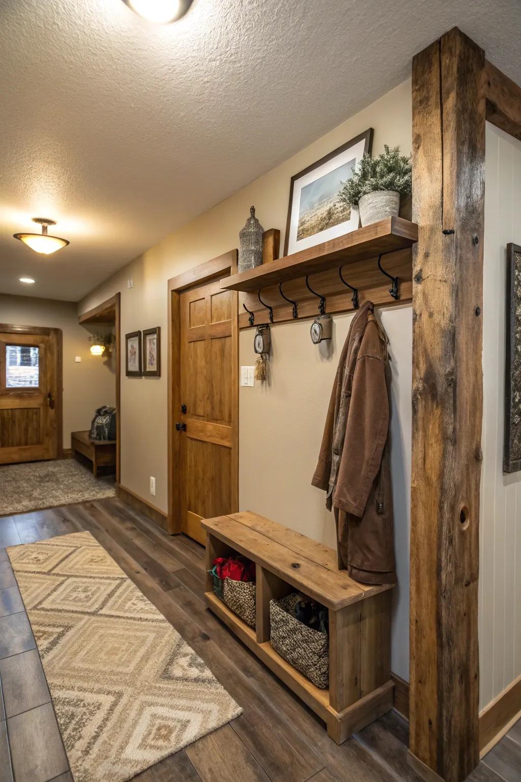 Rustic touches bring warmth and texture to entryways.